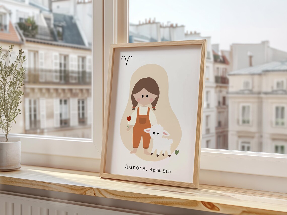 Aries Zodiac Girl with Lamb Tulip Cute Horoscope Baby Nursery Poster - Image 3
