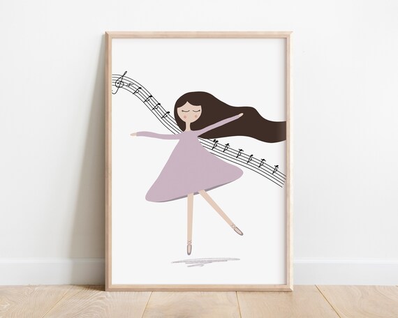 Ballerina Nina Dancing with Music Notes Lavender Dress Ballet Art Poster