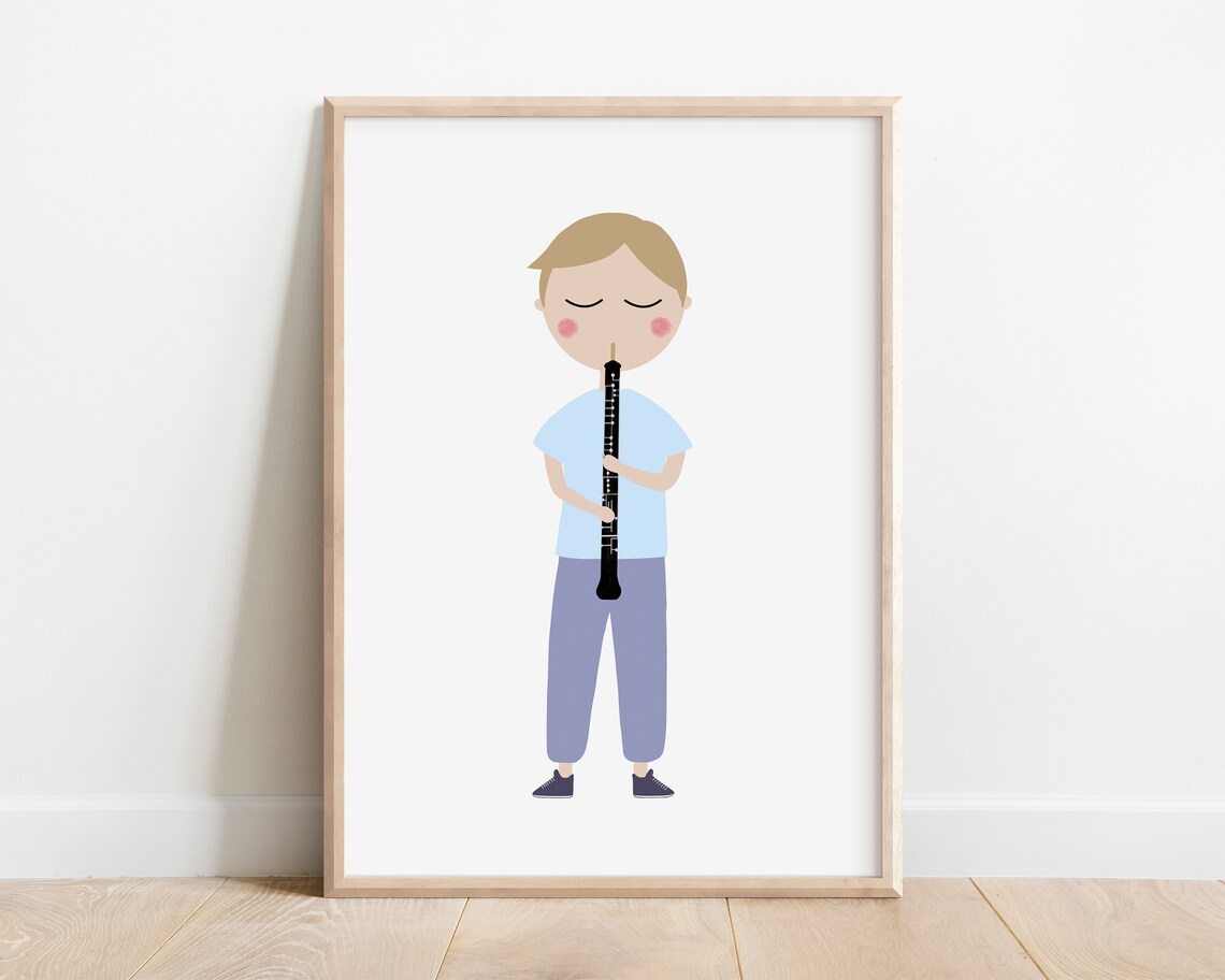 Cute Oboe Player Boy Minimalist Kids Music Room Decor Art Print