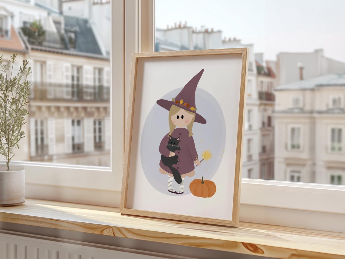 Little Witch And Black Cat Cute Halloween Nursery Decor Wall Art - Image 3