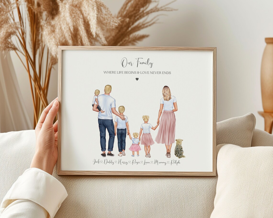 Personalised Our Family Portrait Print With Names and the Family Dog