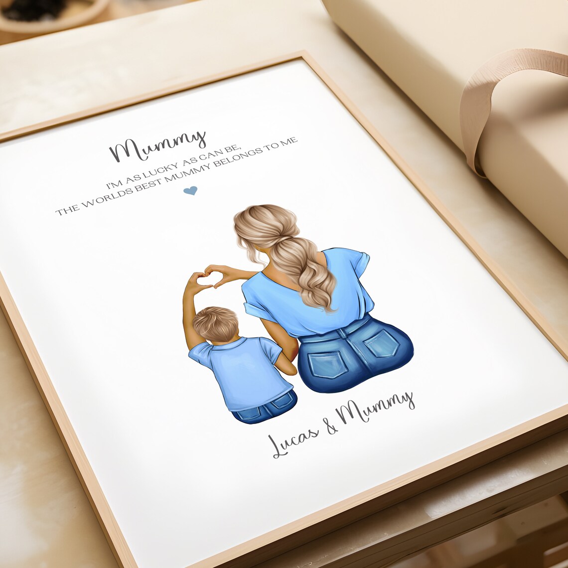 Mummy and Son Hand Heart Gesture Luckiest Mum Ever Tribute Print