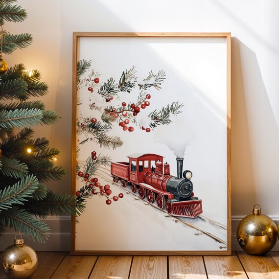 Red Vintage Christmas Train Snowy Watercolor Holiday Wall Print
