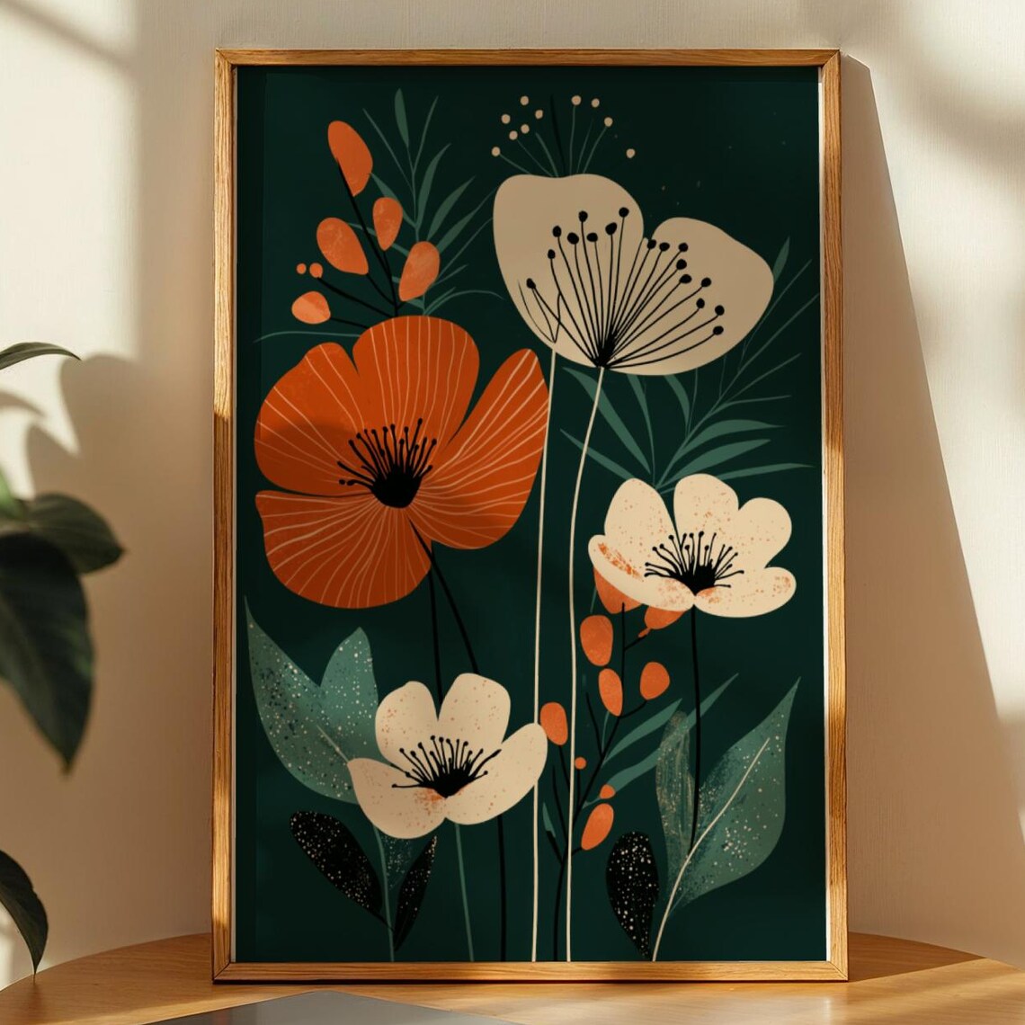 Emerald Green Midcentury Floral Art Print Orange Cream Poppies Decor