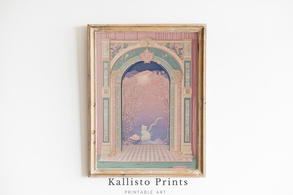 White Cat Under Palace Archway Dreamy Pastel Fantasy Cherry Blossom Wall Art