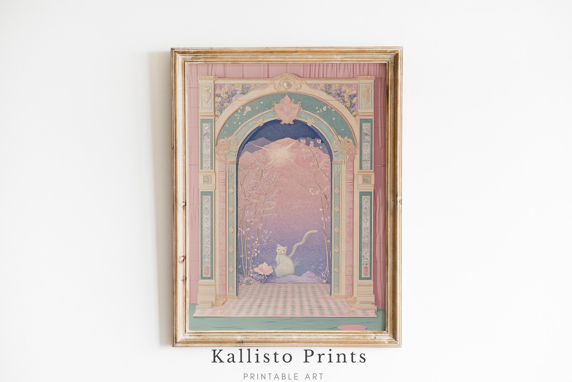 White Cat Under Palace Archway Dreamy Pastel Fantasy Cherry Blossom Wall Art