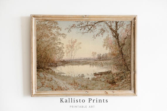 Artful Autumn Riverside Lake Landscape, Vintage Poster