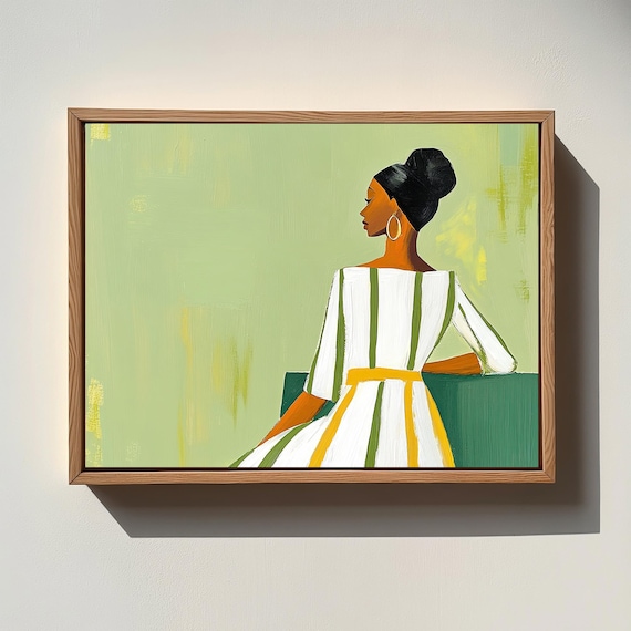 Elegant Boho Woman Striped Dress Green Background Minimalist Portrait Poster