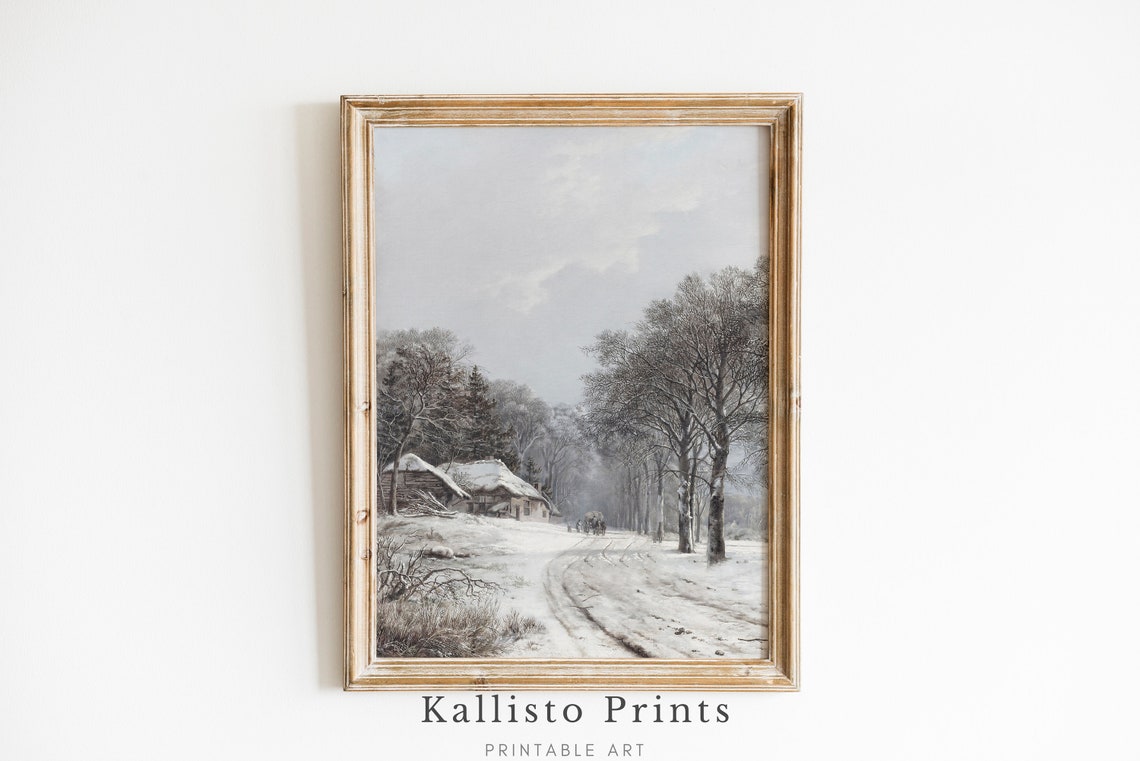 Snowy Country Road With Cottage And Distant Sleigh Winter Poster