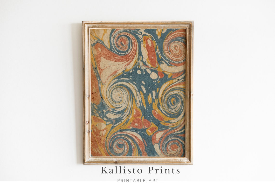 Antique Marbled Paper Swirl Pattern Teal Rust Abstract Art Poster