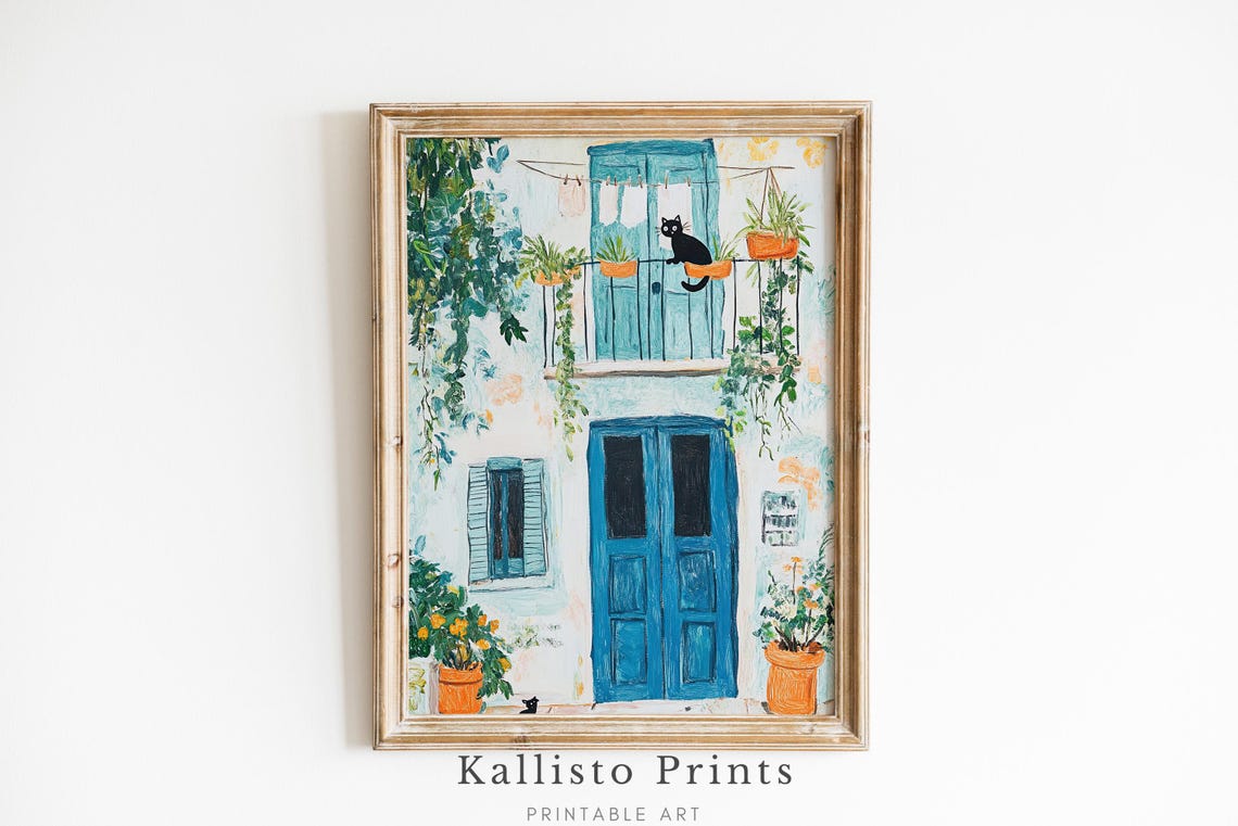 Mediterranean Balcony Blue Door Black Cat Art Print