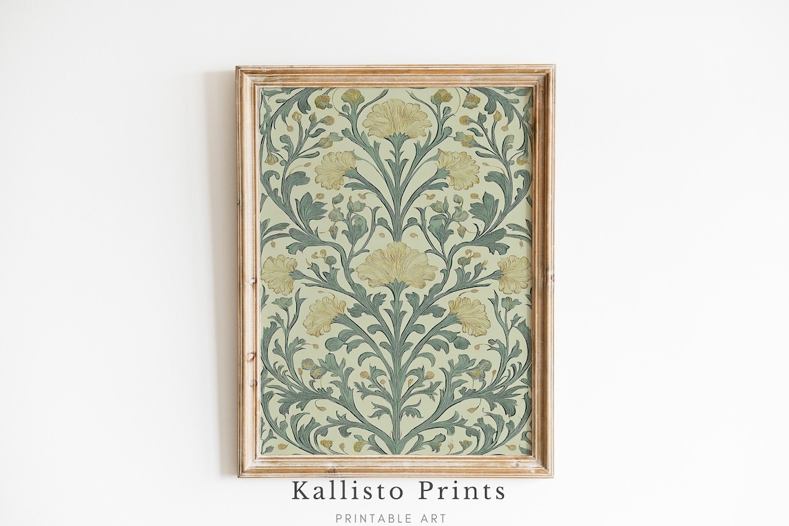 William Morris Style Yellow Green Floral Art Nouveau Wall Art