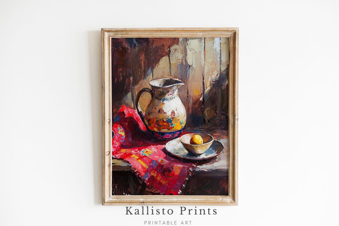 Charming Rustic Ceramic Pitcher Still Life Vintage Kitchen Wall Art
