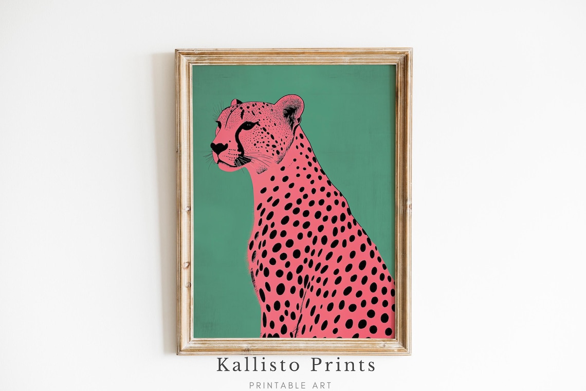 Pink Cheetah Pop Art Poster Bold Green Background Jungle Cat Portrait