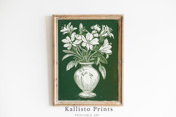 Vintage Botanical Vase Art Green And White Floral Illustration Classic Wall For Home Decor 371