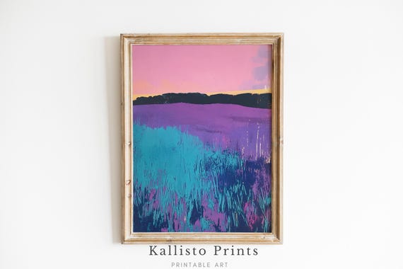 Pink And Purple Sunset Abstract Landscape Pastel Wall Art Teal Field Painting Modern Colorful Home Decor356