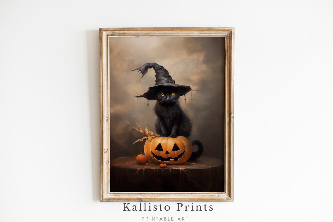 Black Cat With Witch Hat Jackolantern Halloween Art Print