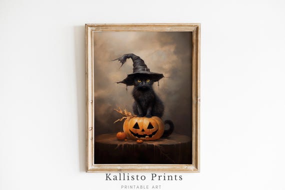 Black Cat With Witch Hat Jackolantern Halloween Art Print