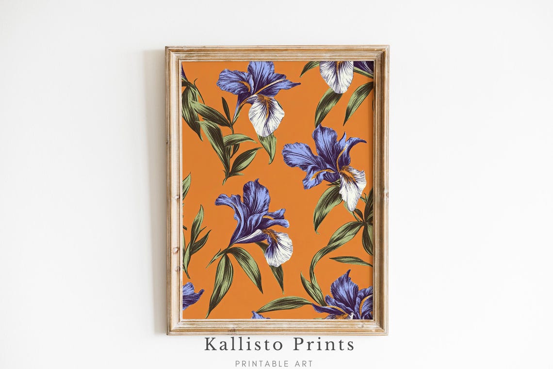 Blue Iris Flowers Orange Background Vintage Botanical Poster