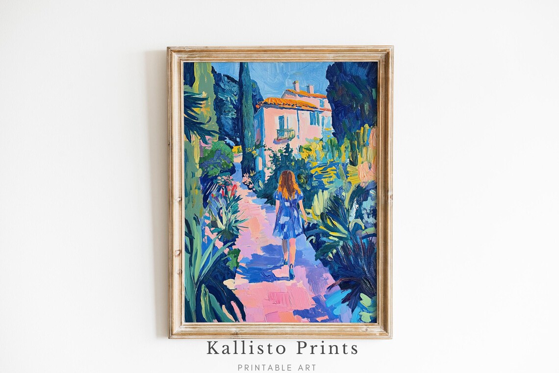 Garden Path To Villa Woman In Blue Dress Impressionist Oil Poster