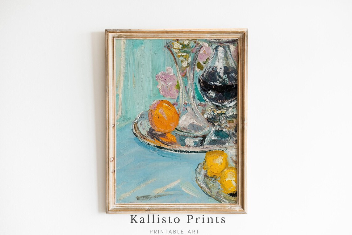 Italian Still Life Oil Painting Poster Orange Citrus Blue Kitchen Art