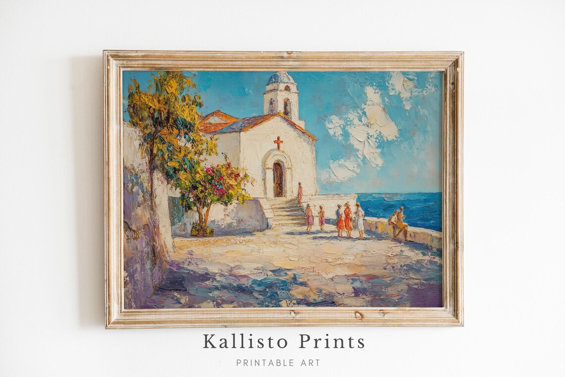 Greek Seaside Chapel Poster Mediterranean Church Coastal Oil Art