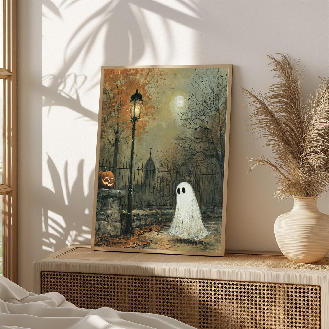 Cute Ghost In Moonlit Cemetery Spooky Halloween Night Poster