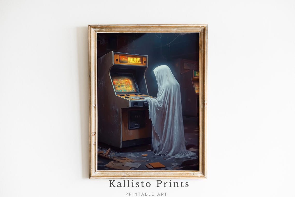 Ghost Playing Retro Arcade Game In Dark Haunted Room Night Poster