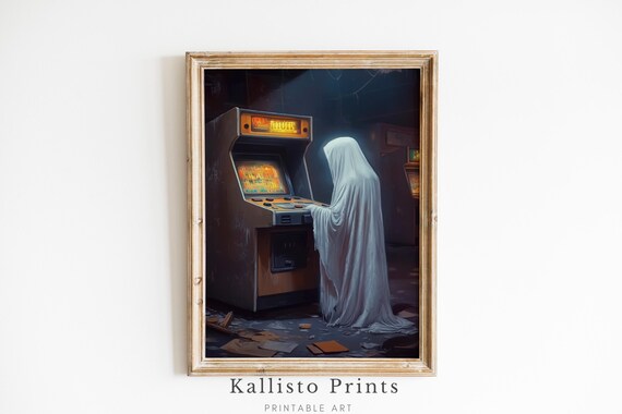 Ghost Playing Retro Arcade Game In Dark Haunted Room Night Poster
