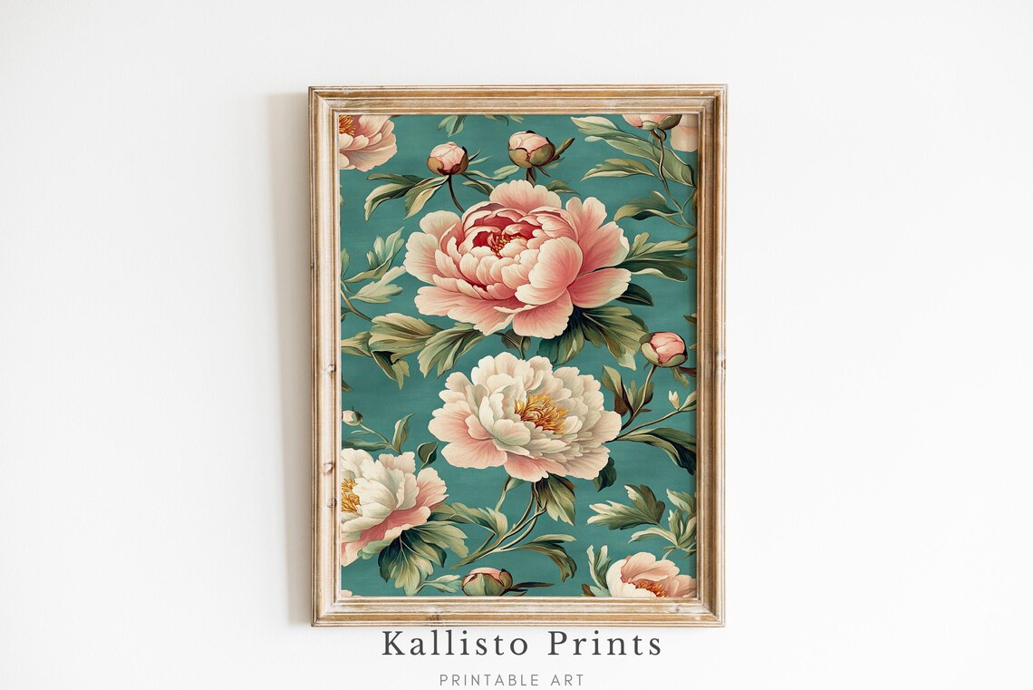 Vintage Pink Peony Floral Poster Teal Botanical Classic Flower Art