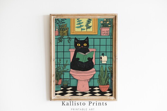 Funny Black Cat Bathroom Art Quirky Whimsical Wall For Home Or Office Decor560