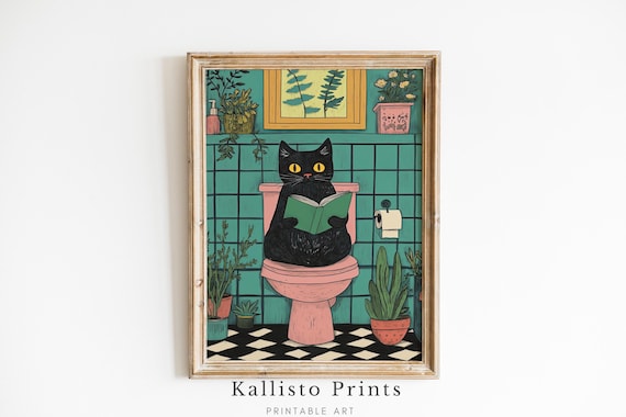 Funny Black Cat Reading On A Pink Toilet Quirky Bathroom Wall Art