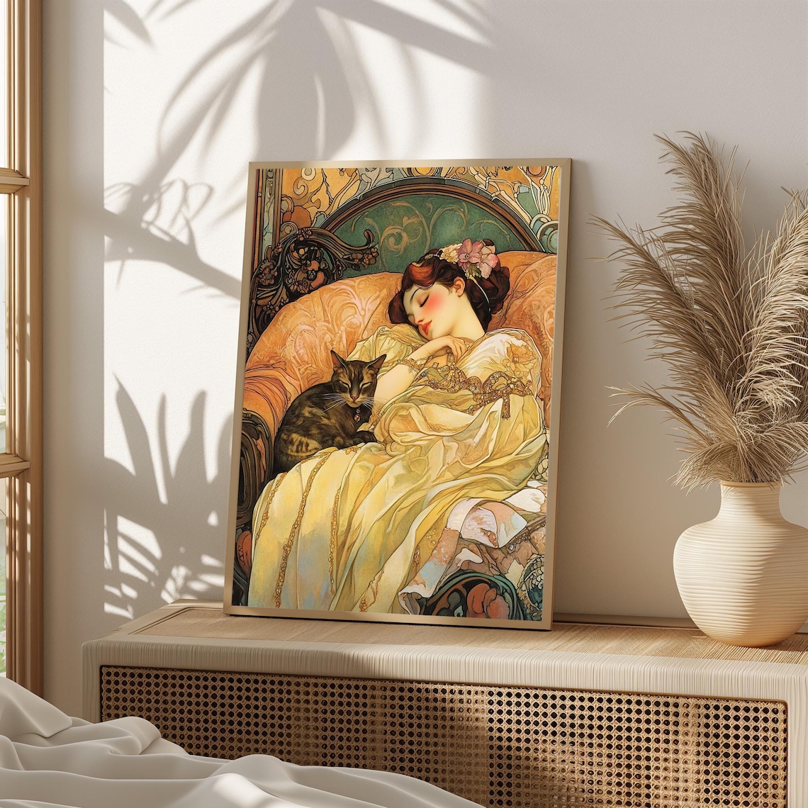 Art Nouveau Woman With Cat Sleeping Beauty Romantic Vintage Poster