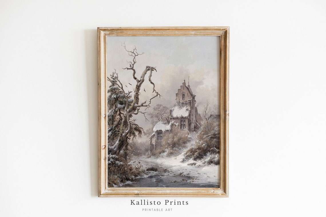Snowy Winter Cottage With Bare Trees Vintage Landscape Poster