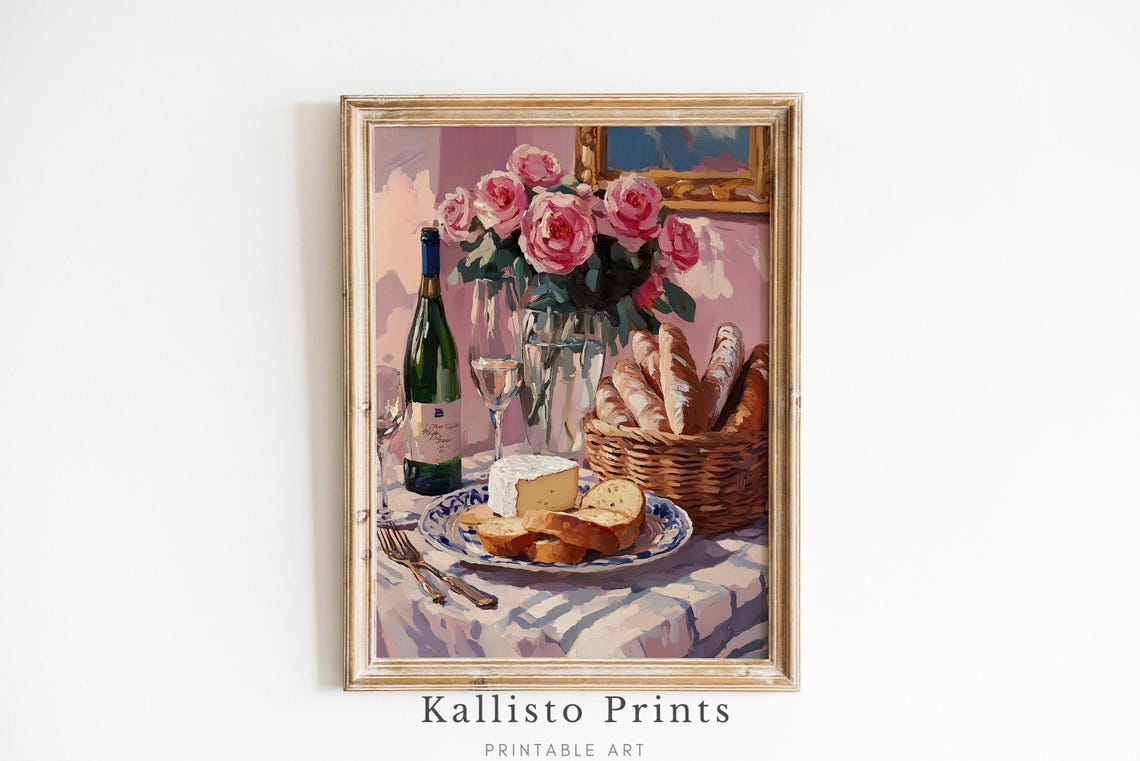 French Still Life Wine Bread Cheese Pink Roses Romantic Dining Poster