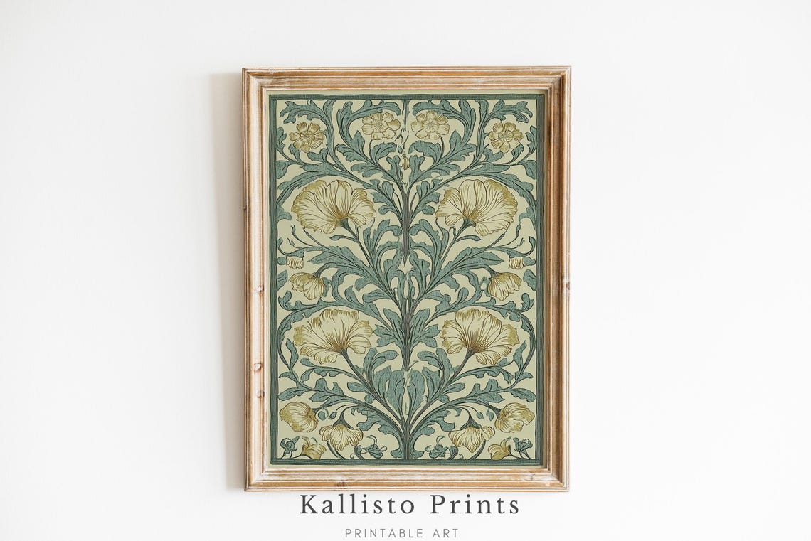 William Morris Style Floral Damask Yellow Green Decorative Wall Art