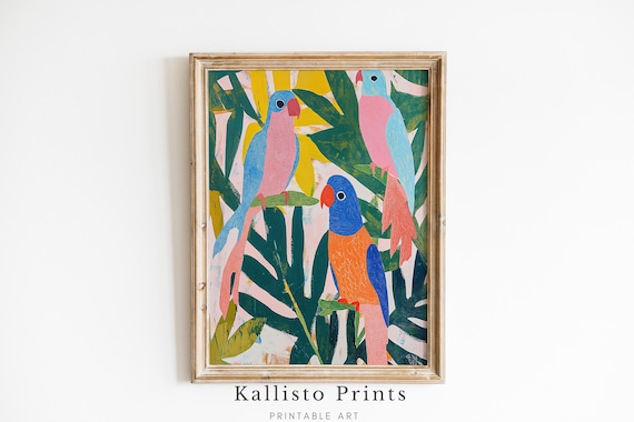 Three Vibrant Colorful Parrots In Tropical Leaves Jungle Wall Art