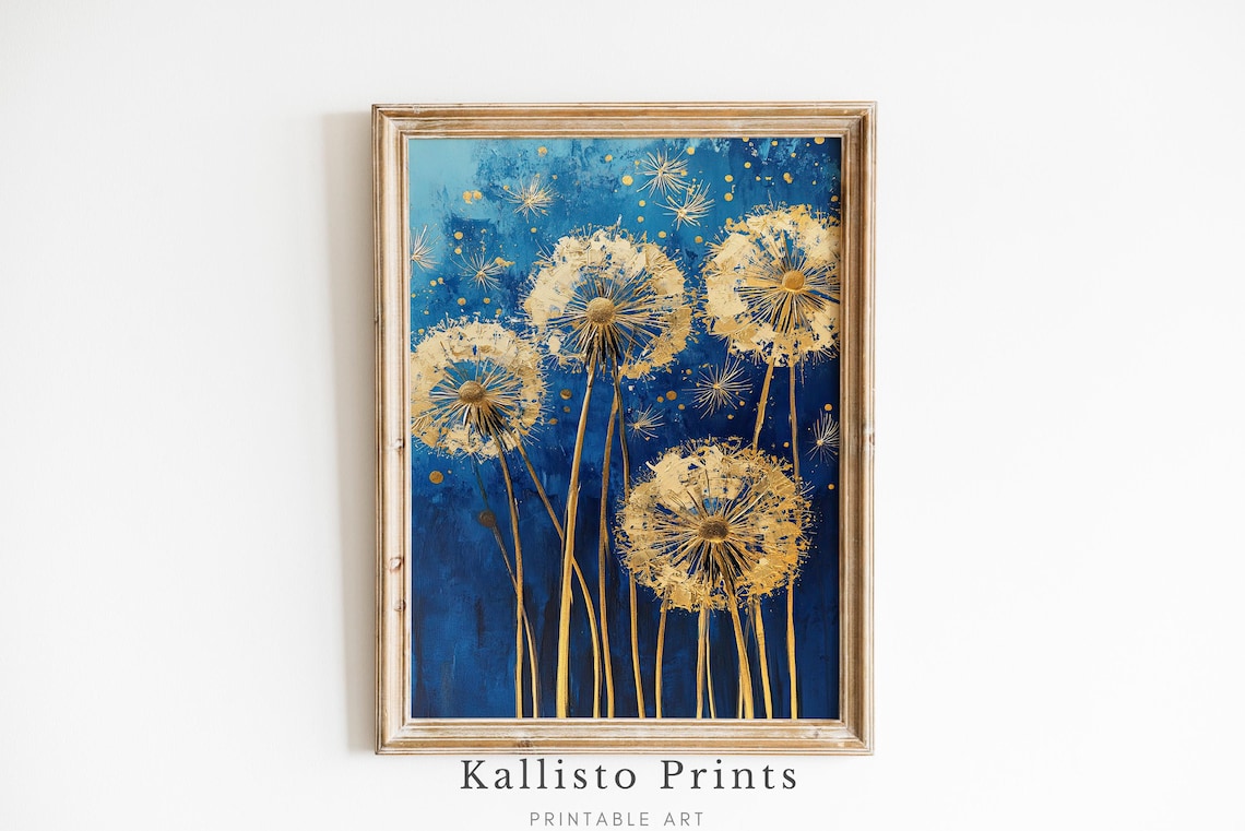 Elegant Golden Dandelion Midnight Blue Botanical Dreamy Wall Art