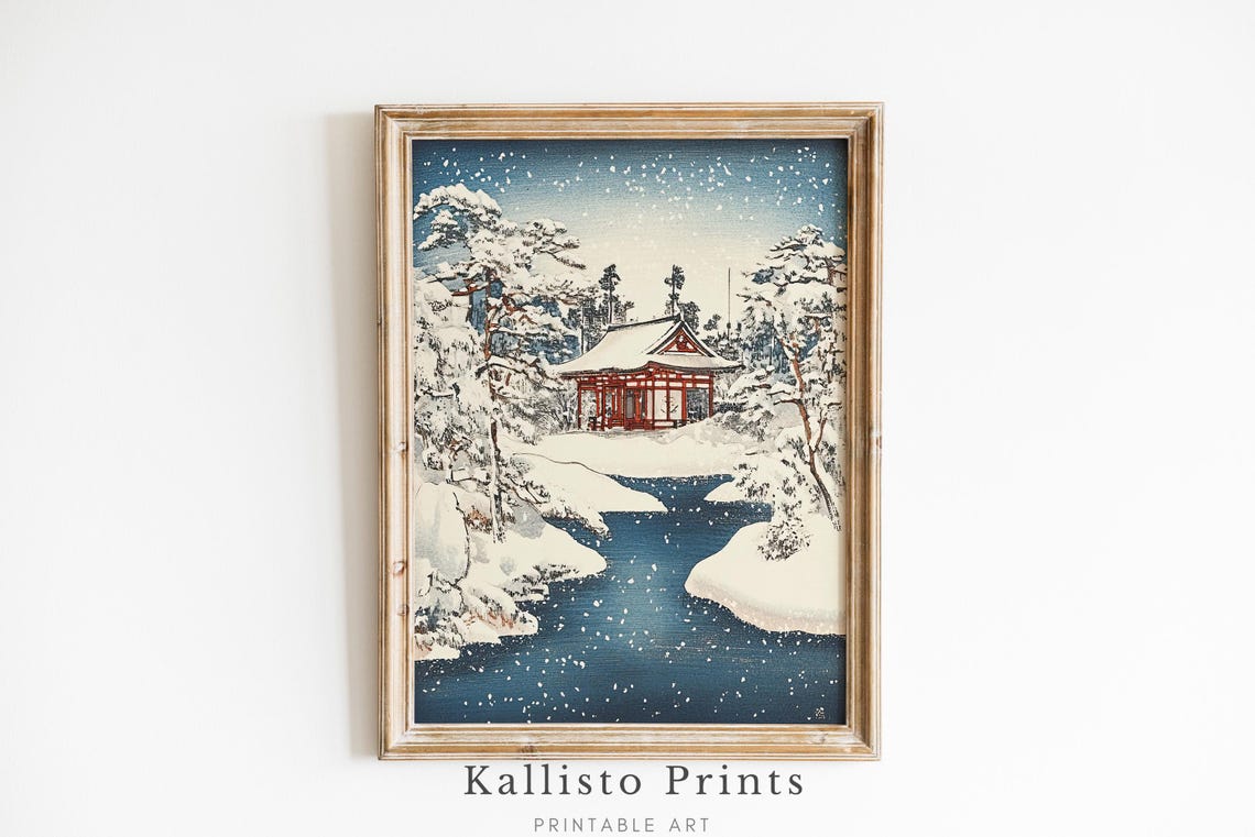 Japanese Snowy Temple Landscape Poster Red Shrine Winter Water Art
