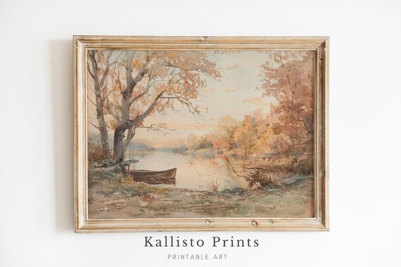 Autumn Lake Wooden Boat Golden Foliage Watercolor Landscape Poster