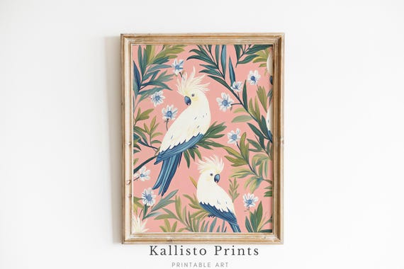 Pink Cockatoo Botanical Art Print, Tropical Bird