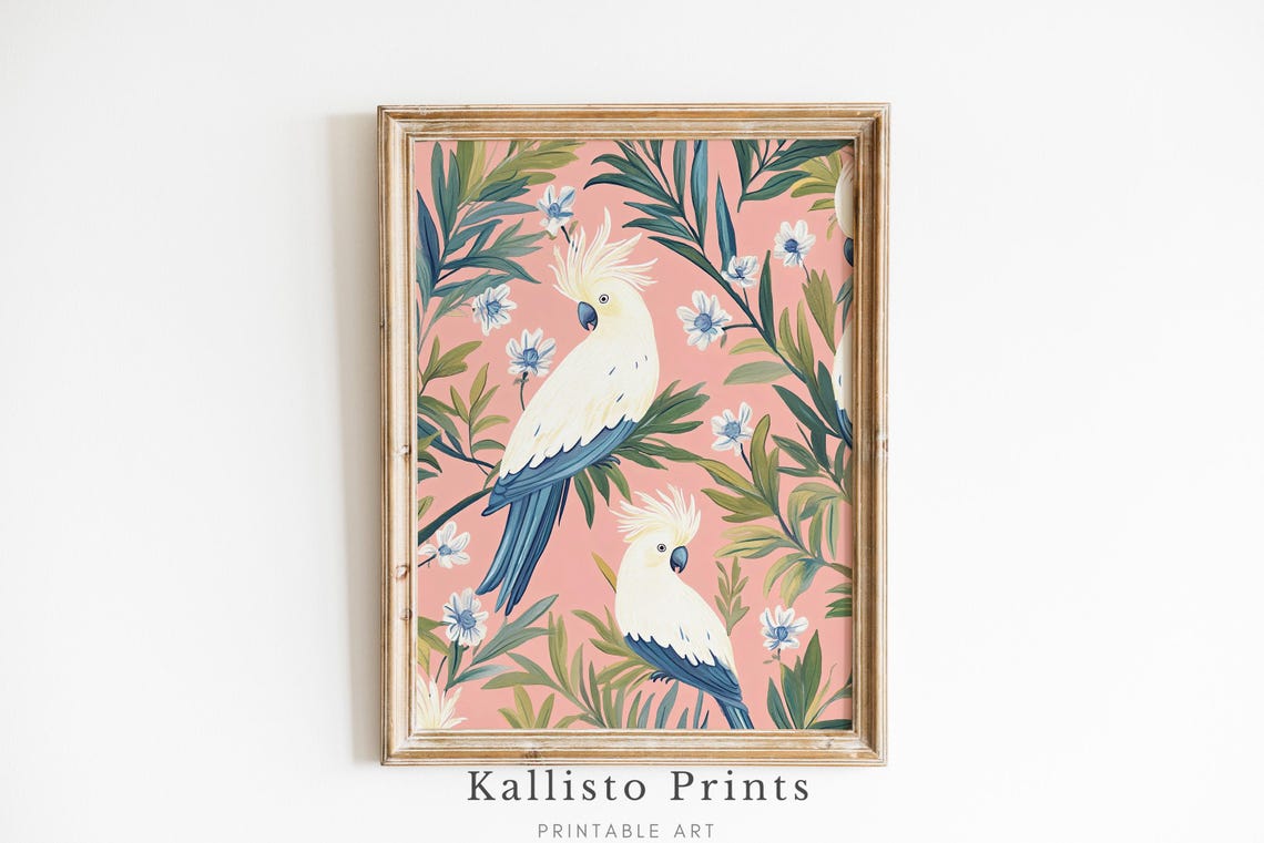 Pink Cockatoo Botanical Art Print, Tropical Bird