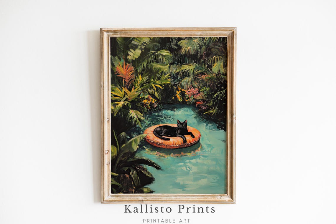 Tropical Black Cat Wall Art Relaxing Jungle Print Animal Illustration Modern Home Decor Download883