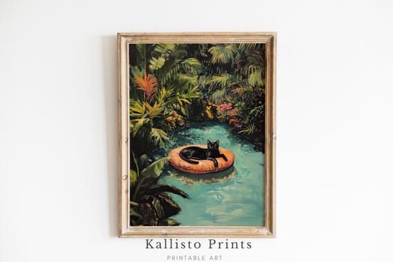 Tropical Black Cat Wall Art Relaxing Jungle Print Animal Illustration Modern Home Decor Download883