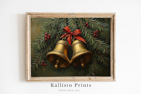 Golden Christmas Bells Red Bow Evergreen Oil Painting Poster