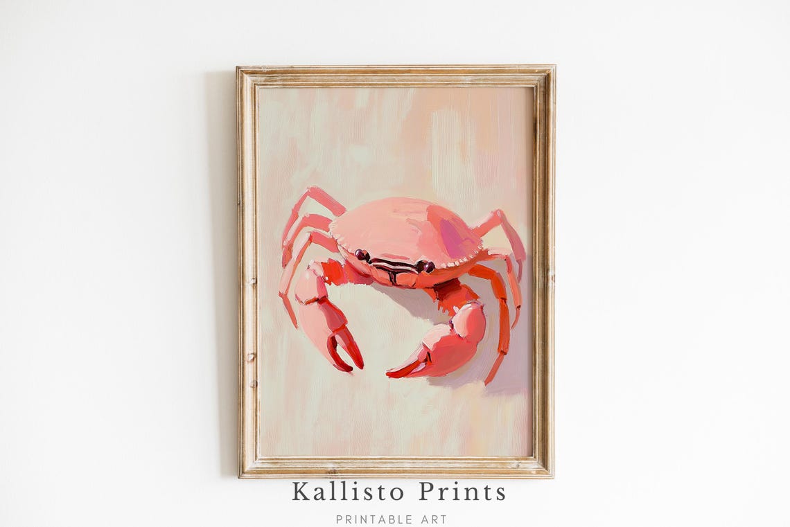 Playful Pink Crab Painting On Cream Background Coastal Kitchen Poster