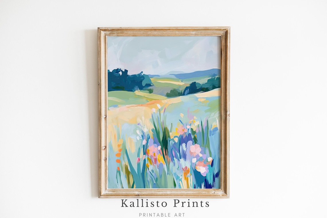 Colorful Wildflower Meadow Rolling Hills Pastel Landscape Wall Art