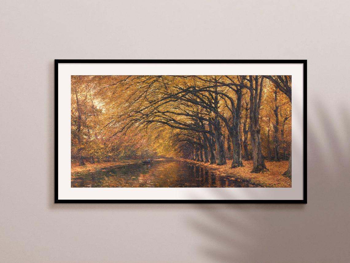 Golden Autumn Tree Avenue Reflecting in Water Vintage Oil Painting - Image 2