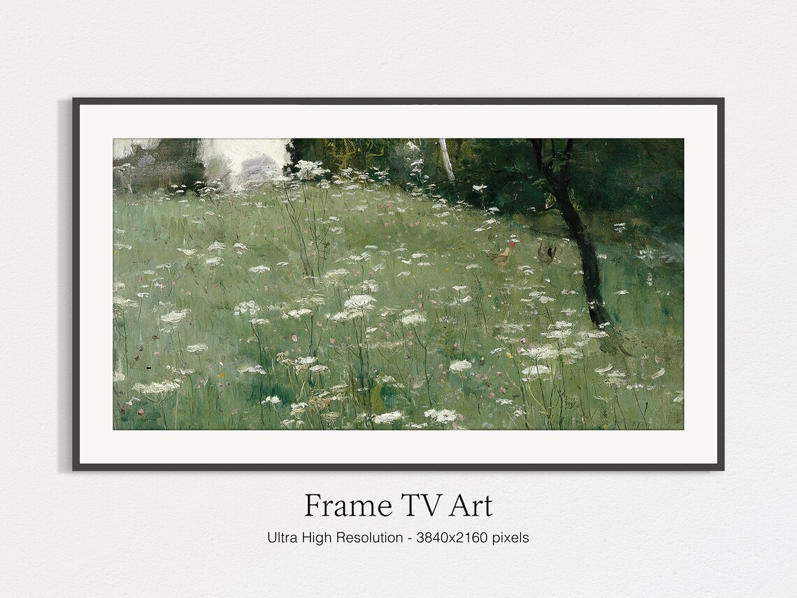 Green Meadow of White Wildflowers Vintage Country Landscape Art Print - Image 4