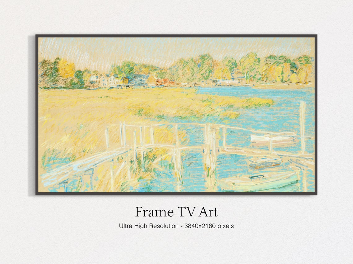 Salt Marsh Dock with Boats in Soft Light Vintage Pastel Art Print